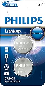 Philips Pilas de Botón CR2025 - Pila 2 Unidades - Pila de Botón 3V/150 mAh - Adecuadas para Relojes, Calculadoras y Llaveros - Batería de Litio