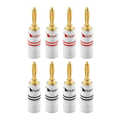 Nakamichi Excel Series 24k Gold Plated Banana Plug 12 AWG - 18 AWG Gauge Size 4mm for Speakers Amplifier Hi-Fi AV Receiver Stereo Home Theatre Radio Audio Wire Cable Screw Connector 8 Pcs (4-Pairs)