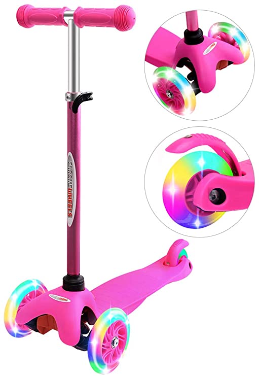 ChromeWheels Scooter for Kids, Deluxe 3 Wheel Scooter for Toddlers 4 Adjustable Height Glider with Kick Scooters, Lean to Steer with LED Flashing Light for Ages 3-6 Girls Boys