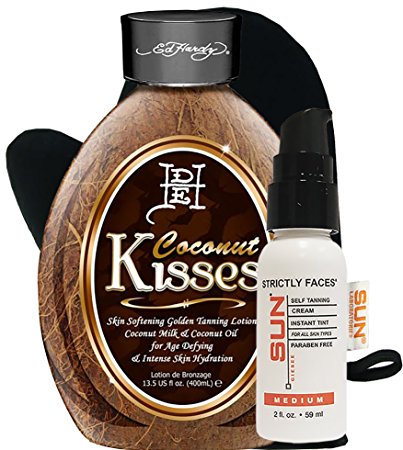 Ed Hardy Coconut Kisses Golden Tanning Lotion, 13.5 oz | Strictly Faces Medium Self Tanner (lvl 2) 2.7 Oz   Tanning Mitt by Sun Laboratories - Body and Face