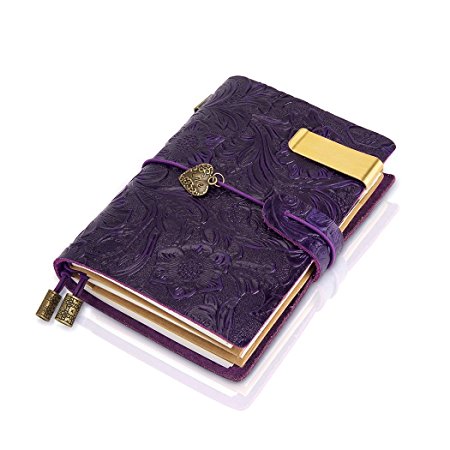 Traveler Notebook Leather Small Journal Notebook ,Flowers Embossed Vintage Notebook, Gift for Men & Women, Perfect to write in ,5.3" X 4 "Inch Cute Travelers Journal--Purple