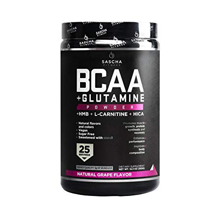 Sascha Fitness BCAA 4:1:1   Glutamine, HMB, L-Carnitine, HICA | Powerful and Instant Powder Blend with Branched Chain Amino Acids (BCAAs) for Pre, Intra and Post-Workout | Natural Grape Flavor, 350g