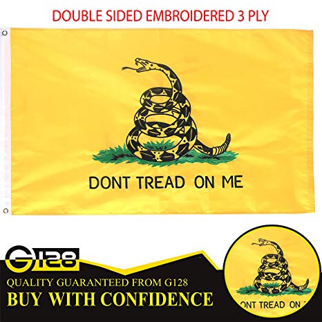 G128 – Dont Tread on Me (Gadsden) Flag | 4x6 feet | Double Sided Embroidered 210D – Indoor/Outdoor, Vibrant Colors, Brass Grommets, Heavy Duty Polyester, 3-ply
