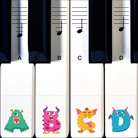 Monster Piano Stickers for Learning Piano or Keyboard - Transparent 88, 76, 61 & 49 Key Set with Replacement Stickers that Grow with Kids