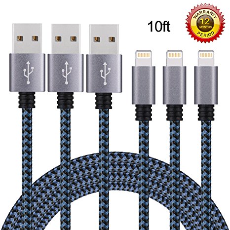 Eashion iPhone Charger, 3Pack 10FT Nylon Braided 8 Pin Lightning to USB Charger Cable, Compatible with iPhone 7/7 Plus/6s/6s Plus/6/6 Plus/5/5S/5C/SE/iPad and iPod(Blueblack)