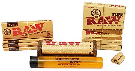 Bundle - 9 Items - Raw Unbleached Classic 1 1/4 Size Cigarette Rolling Papers (4 Packs), RAW Pre-Rolled Tips (3 Packs), RAW 79mm Cigarette Roller and Rolling Paper Depot Doob Tube