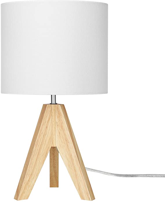 DEWENWILS Bedside Table Lamp, Wood Tripod Nightstand Lamp with Linen Fabric Shade, Small Bedroom Lamp for Nightstand, Nursery, Kids Room, College Dorm, Coffee Table, Bookcase-14.2 inches