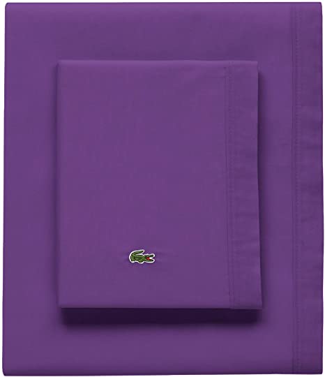 Lacoste 100% Cotton Percale Sheet Set, Solid, Plum, Full