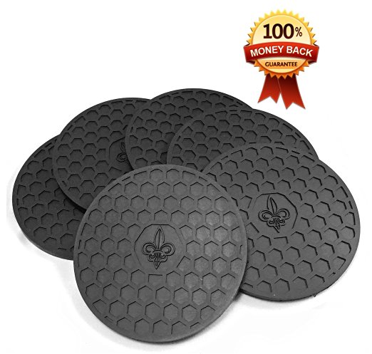 Premium Silicone Drink Coaster Set of 6, Prevents Spills and Stains, Firmly Grips to Any Surface, Fleur De Lis and Honeycomb Design