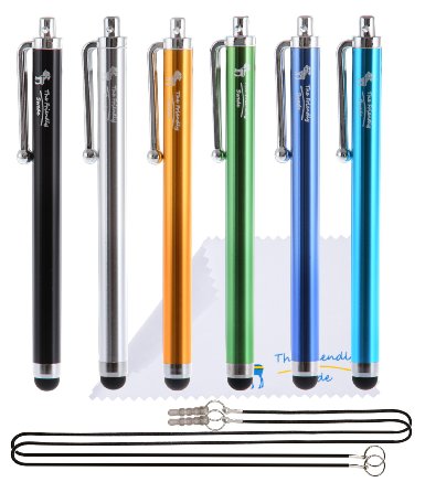 The Friendly Swede Basics - Bundle of 6 Capacitive Stylus Pens (Rubber Tip, Universal Compatibility)   Two 15" Lanyards   Microfiber cloth (Black, Gold, Silver, Blue, Sea Blue, Green)