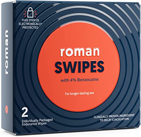 Roman Swipes | Fast-Acting, Convenient, Over-The-Counter Wipes Increase Stamina, Formulated with 4% Benzocaine, Features Discreet Packaging | 2-Pack