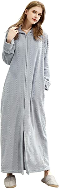Artfasion Womens Robe Long Zipper Front Hooded Full Length Housecoat Sleepwear for Ladies