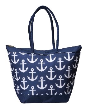 Collapsible Soft Sided Cooler Bag Tote by Bayfield Bags: Navy/White Nautical Print Insulated Picnic Basket Cooler Shoulder Bag
