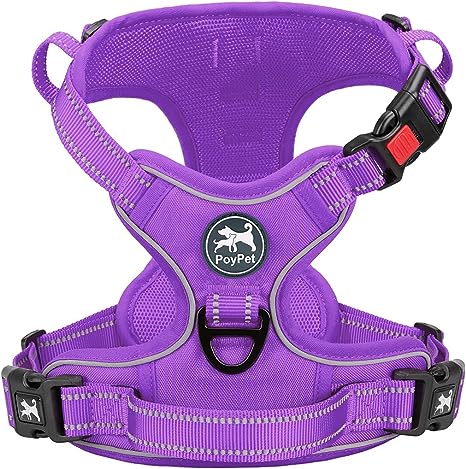 PoyPet No Pull Dog Harness, No Choke Reflective Dog Vest, Adjustable Pet Harnesses with Easy Control Padded Handle for Small Medium Large Dogs(Purple Matching Trim,XS)