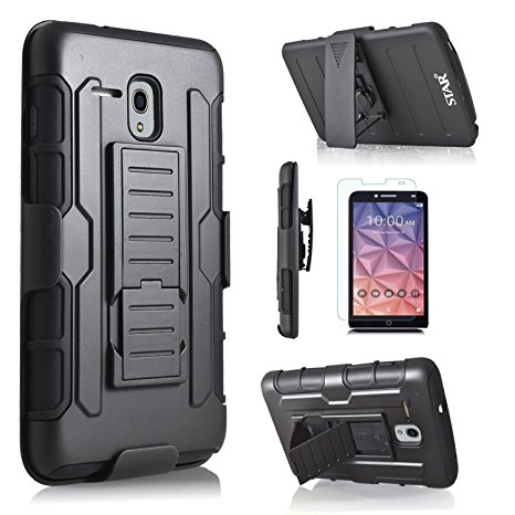 Alcatel One Touch Fierce XL / Alcatel OneTouch Flint / Alcatel OneTouch Pixi Glory LTE Case, Starshop [Dual Layers] Kickstand With [0.33m 9H Tempered Glass Screen Protector] Locking Belt Clip (Black)