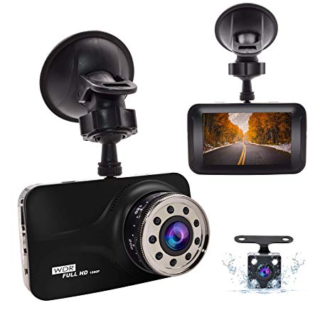 Dual Dash Cam Front and Rear, FHD 1080P Car Camera 3’’ LCD Screen Car Dashboard Camera with Night Vision, 170°Wide Angle, G-Sensor, Parking Monitoring, Loop Recording, HDR, Motion Detection