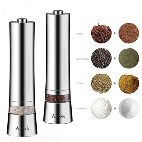Aicok Electric Salt and Pepper Grinder Set (Pack Of 2), Stainless Steel Electronic Salt & Pepper Mill with Adjustable Ceramic Coarseness, Electronic Salt and Pepper Shakers with Visible Window Unique