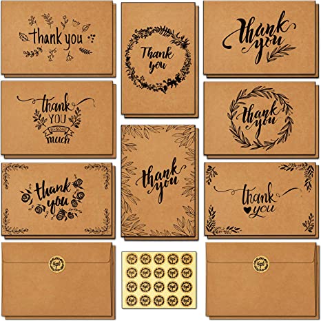 144 Bulk Thank You Cards with Self-Seal Envelopes, Brown Kraft Thank You Notes Box Set with Elegant 8 Designs Greeting Card for Father's Day, Business, Wedding, Baby Shower, Blank Inside, 4x6 Inch