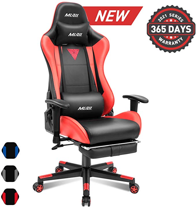 Muzii BIFMA Certified Gaming Chair with Footrest, High-Back PU Leather Office Chair with Headrest and Adjustable Lumbar Support,Ergonomic Computer Swivel Chair for Teens and Adults-Red