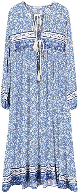 R.Vivimos Women's Long Sleeve Floral Print Retro V Neck Tassel Bohemian Midi Dresses