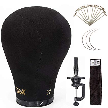 GEX Canvas Block Cork Wig Mannequin Head for Wig Making Drying Styling Display with Table C Stand Clamp Holder&GEX Wig Grip (Black 22")