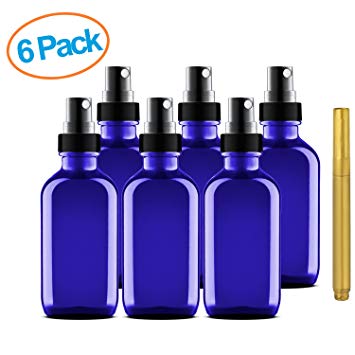 Culinaire 6 Pack Of 4 oz Blue Glass Bottles with Spray Tops and Gold Glass Pen