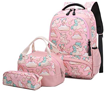 School Bag Set for Teen Girls Cute Unicorn Backpack with Lunch Bag and Pencil Case Water Resistant 3 in 1 Student Bookbag Multifunction Rucksack Lightweight Travel Daypack Pink