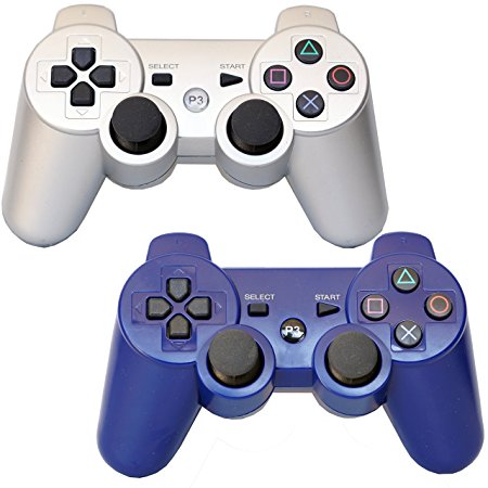 Pack of 2 Bluetooth Dual Vibration Wireless PS3 Remote Controllers For Use With Playstation 3 (Blue/Silver)