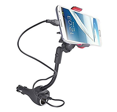 Car Charger Mount, Jiale Universal Car Cradle Dock Station, Mount, Adapter with 2 Rapid USB Car Chargers, Power Outlet and 360 Degree Rotating Gooseneck Holder with Micro USB Cable - (Black/Red)