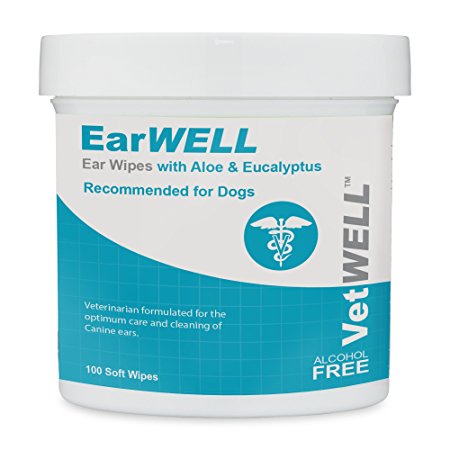 Dog Ear Wipes - Otic Cleaning Wipes for Infections and Controlling Yeast, Mites and Odor in Pets - EarWELL by VetWELL - 100 Count