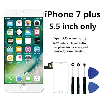 For iPhone 7 Plus Screen Replacement White, 5.5 Inch LCD Screen Display 3D Touch Screen Digitizer Frame Assembly Set with Repair Tool Kit and Tempered Glass (7 Plus White)
