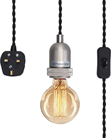 SHINY STAR Pendant Light Fitting Plug-in Haning Light Fitting, Satin Nickle E27 Lamp Holder KIT Accessary, 4500MM Braided Twisted Cable with ON/Off on Line Switch HT205SN