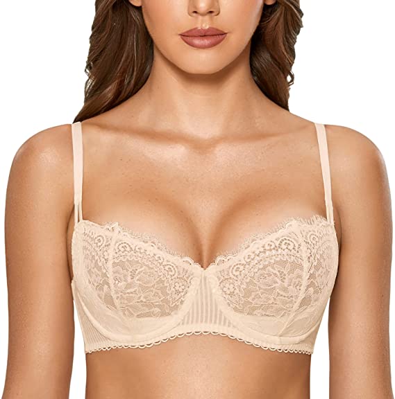 DOBREVA Women's Sexy Lace See Through Push Up Balcony Non Padded Underwired Bra
