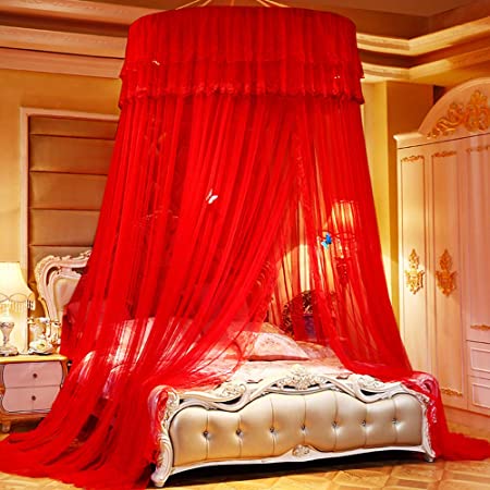 Mengersi Bed Canopy Mosquito Net - Princess Elegant Lace Round Sheer Mesh Bed Curtains - Princess Dome Bedding Net for Twin Full Queen King Size (Red)
