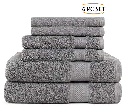 Sweet Needle Daily Use 6 Piece Towel Set Charcoal, 100% Ringspun Cotton & Absorbent, Rayon Trim - 2 Oversized Large Bath Towels 70x140, 2 Hand Towels 50x90, 2 Wash Cloths 30x30 CM