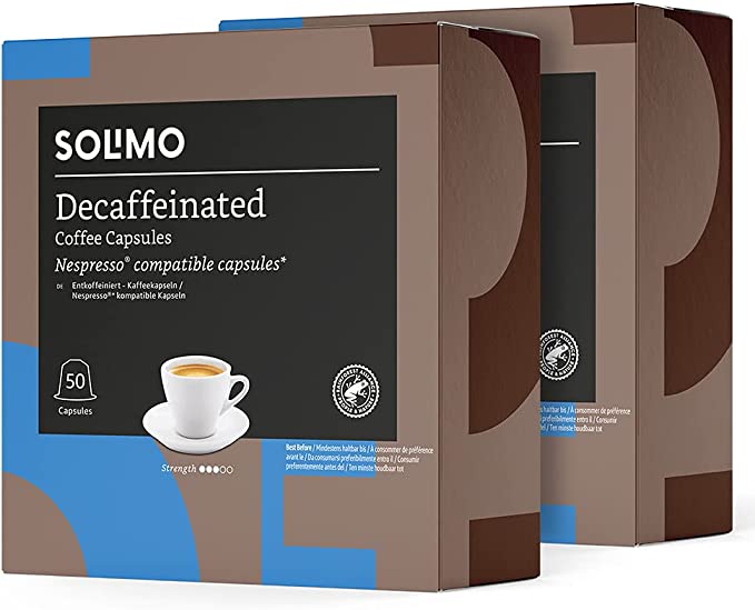 Amazon Brand - Solimo Decaffeinated Nespresso Compatible Coffee Capsules, 100 capsules (2 packs x 50) - Rainforest Alliance Certified