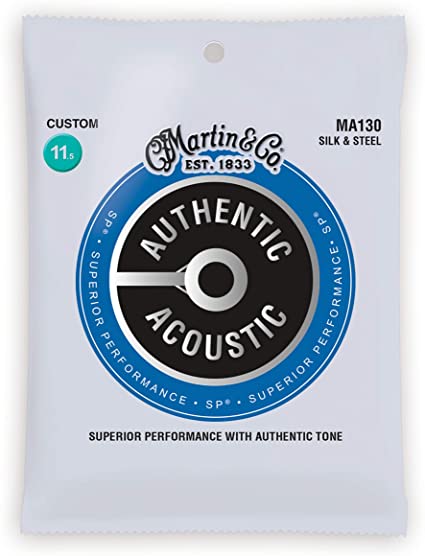 Martin Authentic Acoustic MA130 Custom-Gauge Acoustic Guitar Strings, Silk and Steel Folk