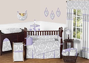Sweet Jojo Designs Lavender, Gray and White Elizabeth Damask Print Baby Bedding Collection Girl 9pc Crib Set