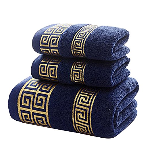 XHSP 100% Cotton Highly Absorbent Embroidered Towels 3-Piece Towel Set Hotel Bath Towel, 1 Bath Towels, 2 Hand Towels Extra Think Beach Bath Towels (Blue)