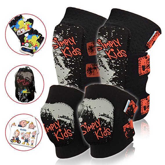 Innovative Soft Kids Knee and Elbow Pads Plus BONUS Bike Gloves | Toddler Protective Gear Set | Comfortable, Breathable& Safe | Roller-Skate, Skateboard, Rollerblade& BMX Kit w/ Mesh Bag& Sticker