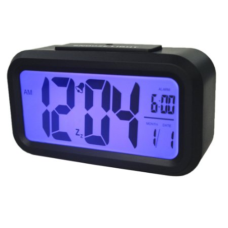 HITO(TM) 5.3" Smart, Simple and Silent Alarm Clock w/ Date Display, Repeating Snooze, Sensor Light   Night Light (Blue night light, Black)