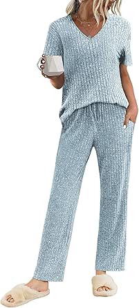 Ekouaer Womens Ribbed Knit Lounge Set Short Sleeve Top and Long Pants Sleepwear Pajama Set Two Piece Matching Outfits Set