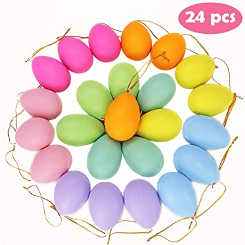 Ivenf Easter Decorations Egg Hanging Ornaments 24 pcs, Colorful Plastic Eggs Easter Tree Ornaments Decor, Kids School Home Office Party Supplies Gifts