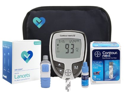 Bayer Contour NEXT Complete Diabetic Blood Glucose Testing Kit, EZ Meter, 10 Test Strips, 10 Lancets, Adjustable Lancing Device, Control Solution, Owners Log Book & Manual