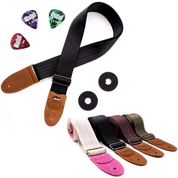 Guitar Strap for Acoustic, Electric and Bass Guitars, Straps Fits also Mandolins and Ukuleles by Hola! Music, Pro Series with Genuine Leather Ends, Pick Pocket, 3 Picks and 2 Strap Locks - Black