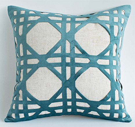 Decorative Throw Pillow Cover 18x18 Teal Velvet Modern Geometric Diamond Shape Overlay agenst a 100% Cotton faux linen background perfect for your Home Office Indoors Outdoor Throw Pillow Case