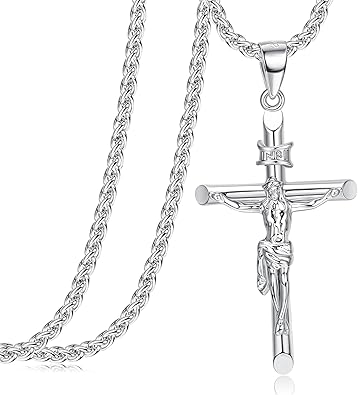 Besteel Sterling Silver Crucifix Necklace for Men Women - Men's Silver Crucifix Pendant Necklace with Stainless Steel Rope Chain Catholic Baptism Jesus Cross Necklace Jewelry 16-30 Inches