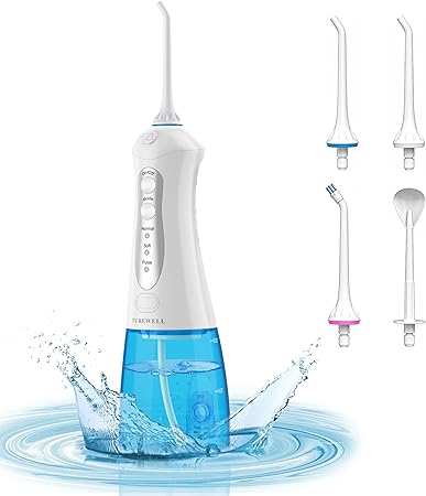 TUREWELL Water Flosser Cordless, Oral Irrigator for Teeth Cleaner with Powerful Battery, 3 Modes and 4 Jet Tips, IPX7 Waterproof, 300ML Detachable Water Tank for Home and Travel(Weiß)