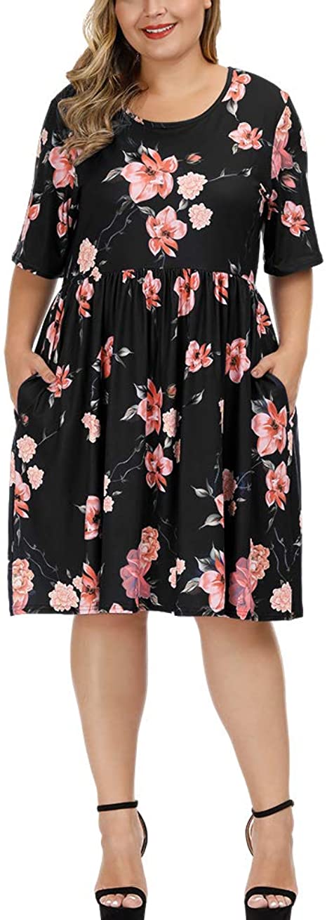 Allegrace Dress for Women Plus Size Summer Floral Print Short Sleeve Flowy Midi Dresses with Pocket