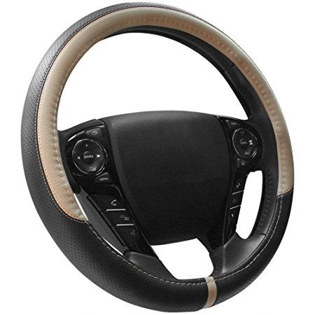 COFIT Breathable and Non Slip Microfiber Leather Steering Wheel Cover Universal 15 Inch - Beige and Black